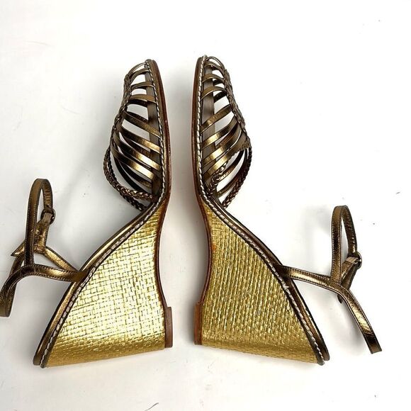 NWOB DELMAN Leather Strappy Wedge Gold Sandals Ankle Strap Made in Spain 40 US 9 - Picture 6 of 14